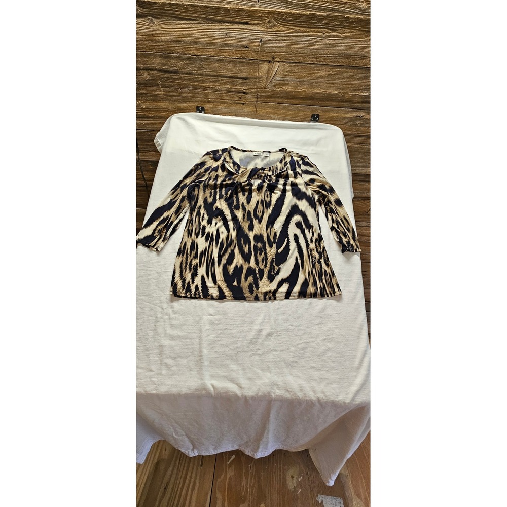 Cato‎ Womens XL Animal Print 3/4 Sleeve Twist Keyhole Neck Blouse Tan Black